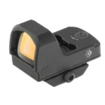 Leapers Inc. UTG OP3 Micro SLS red dot sight, black angled view with amber-tinted lens