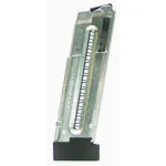 ATI German Sport Mag M-1911 magazine, upright front view with silver body and black base