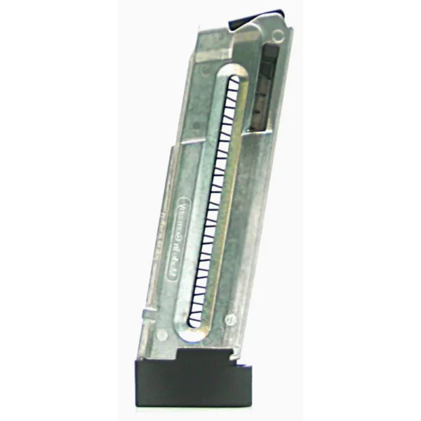 ATI German Sport Mag M-1911 magazine, upright front view with silver body and black base