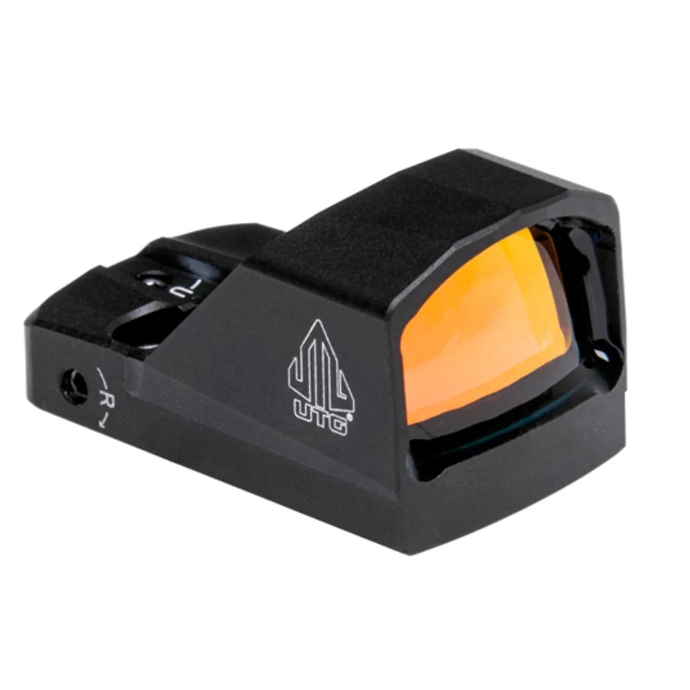primary-32589 Leapers UTG OP3 Mini Micro Red Dot MRDS, angled front view with black housing and orange lens