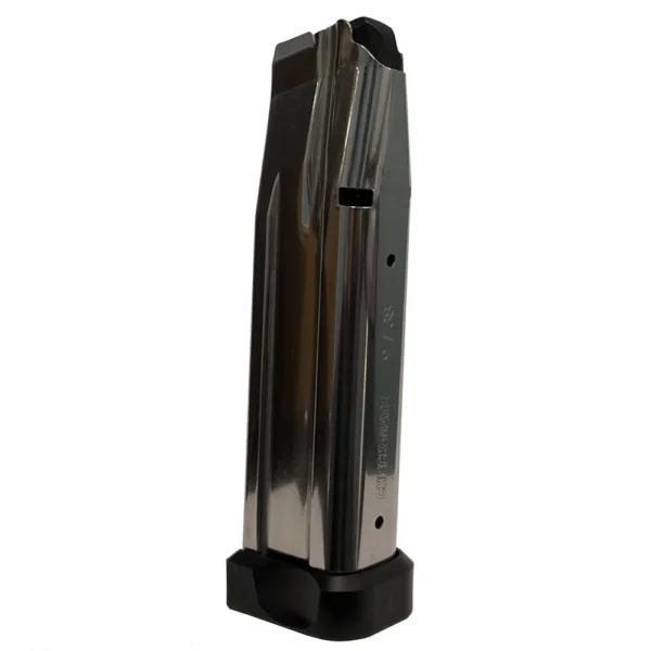 Check-Mate Staccato 2011 Handgun Magazine, angled view of stainless steel body and wide black base