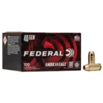FEDERAL 40 S&W Full Metal Jacket Ammo, black and red box with two cartridges beside it