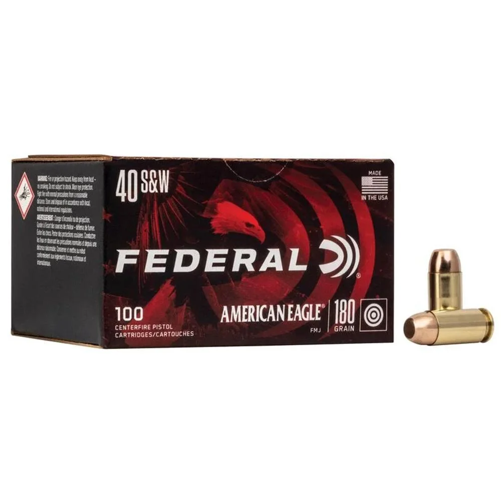 primary-32673 FEDERAL 40 S&W Full Metal Jacket Ammo, black and red box with two cartridges beside it