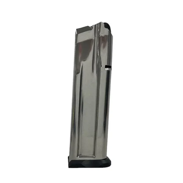 Check-Mate Staccato 2011 Handgun Magazine, stainless angled side view with black base plate