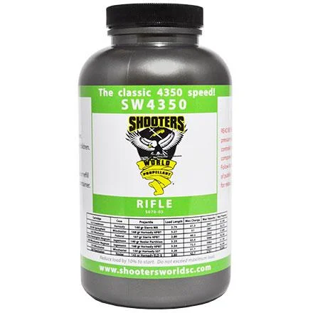 Shooters World SW4350, front view of black bottle with green and white label