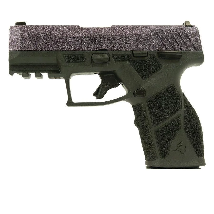 primary-3273 Taurus GX2 Purple Sparkle black handgun, left-side view with purple sparkle slide and accessory rail
