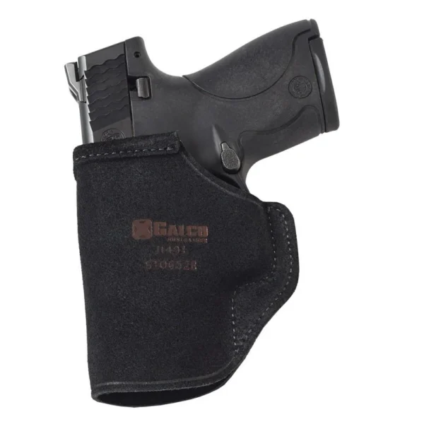 Galco Stow-N-Go IWB Holster, black front view with handgun inserted