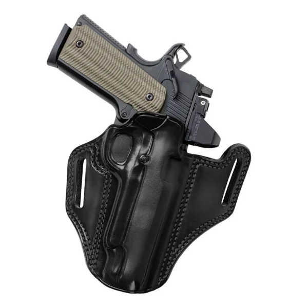 Galco Combat Master 2.0 4.25-inch 1911 holster, black front view with pistol and belt slots