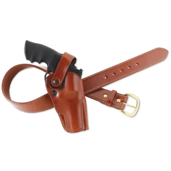Galco DAO Strongside/Crossdraw Belt Holster in tan, angled view with straps and brass buckle