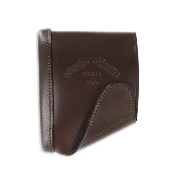 Galco Leather Slip On Recoil Pad dark Havana brown, side view with stitching and embossed logo