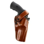 Galco DAO Belt Holster, tan leather front view holding a black-gripped revolver