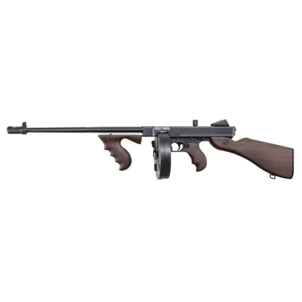 Kahr Arms Auto Ordinance 1927A1-1C rifle in left-side view with wood furniture and drum magazine