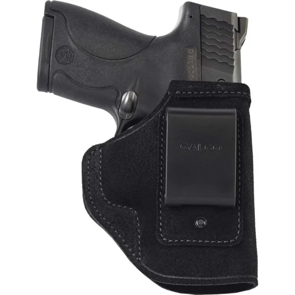 Galco Stow-N-Go IWB Holster, black right-hand holster with belt clip and pistol, side view