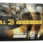 Federal Premium Trophy Copper ammunition, black and gold box with two cartridges