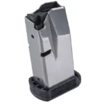 Kahr Arms X9 handgun magazine, angled view of silver body with black baseplate