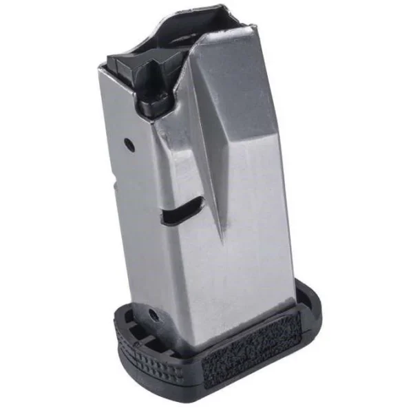 Kahr Arms X9 handgun magazine, angled view of silver body with black baseplate