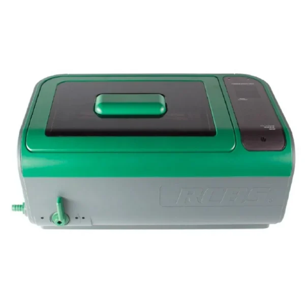 RCBS Ultrasonic Case Cleaner 2, green and grey front view with black lid, handle and control panel