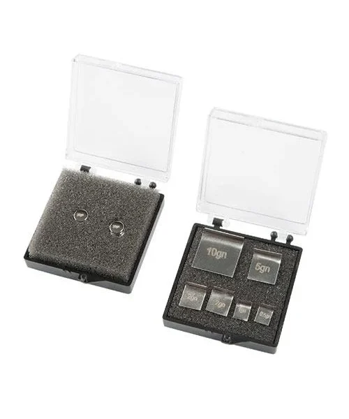 RCBS Reloading Scale Standard Check Weights Set, two open black cases with metal weights