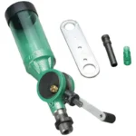 RCBS Uniflow Powder Measure III, angled view of green measure with clear tube, handle and accessories