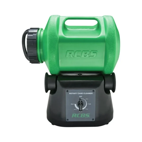 RCBS Rotary Case Cleaner, front view with bright green drum, carry handle and black base