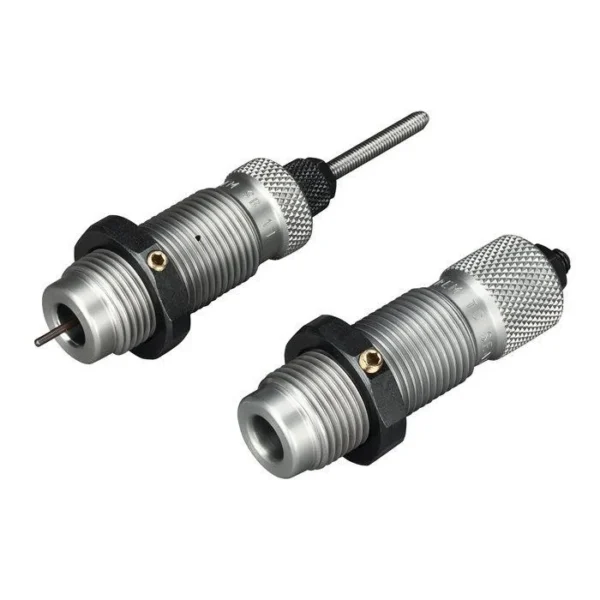 RCBS Small Base Taper Crimp Rifle Die Set, two silver threaded dies with knurled caps