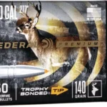 Federal Trophy Bonded Tip Bullet, front of black retail box with two silver bullets beside it