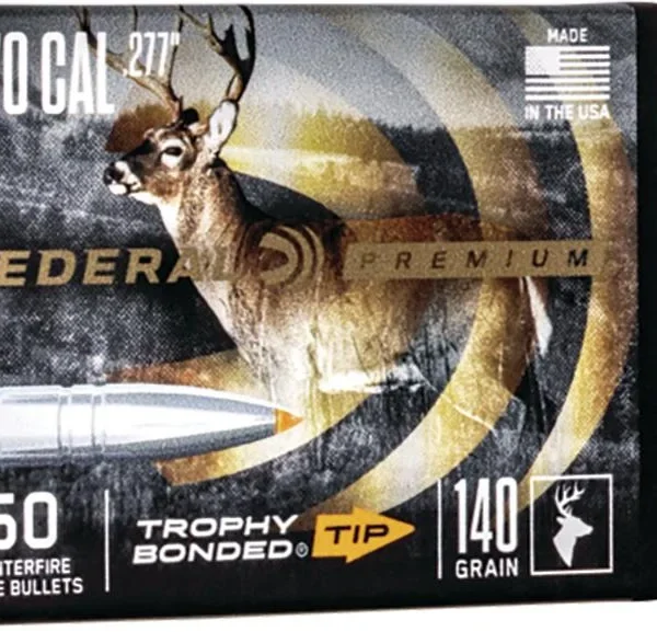 Federal Trophy Bonded Tip Bullet, front of black retail box with two silver bullets beside it