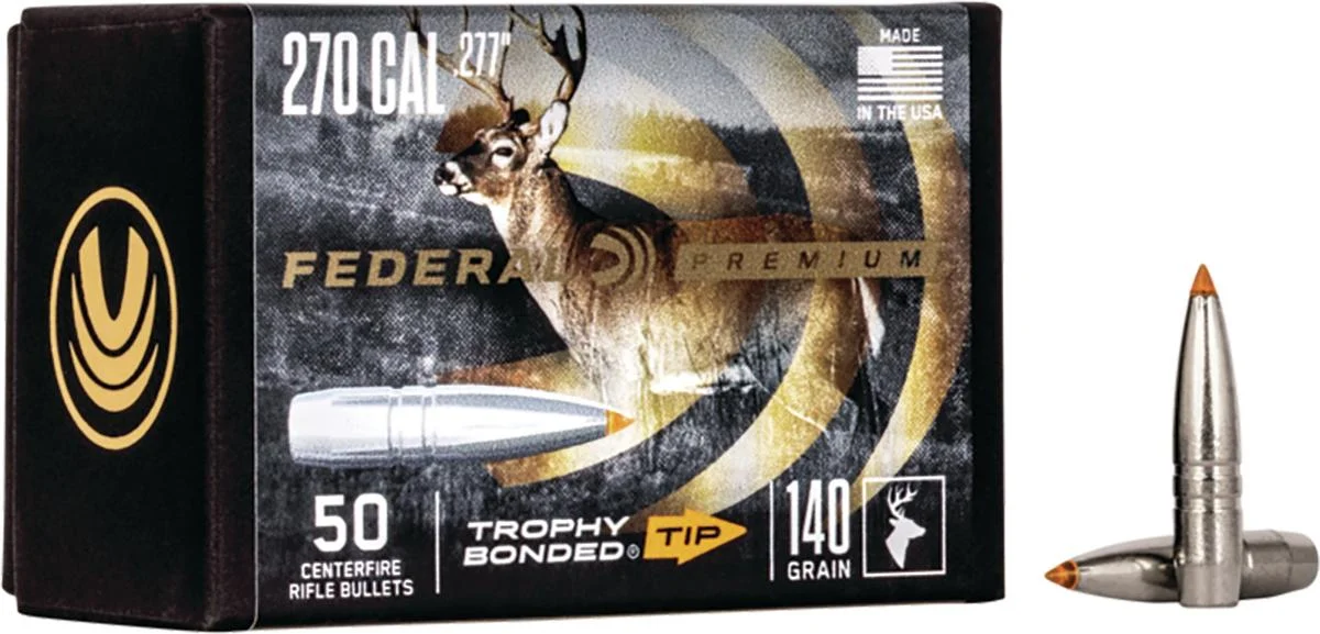 primary-32911 Federal Trophy Bonded Tip Bullet, front of black retail box with two silver bullets beside it