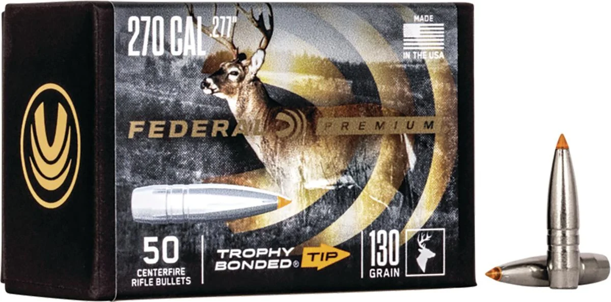primary-32940 Federal Trophy Bonded Tip bullet box with one silver and copper-colored bullet standing beside it