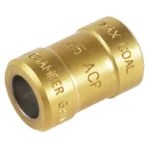 RCBS Chamber/Case Length Gauge, brass angled view with cylindrical body and engraved markings