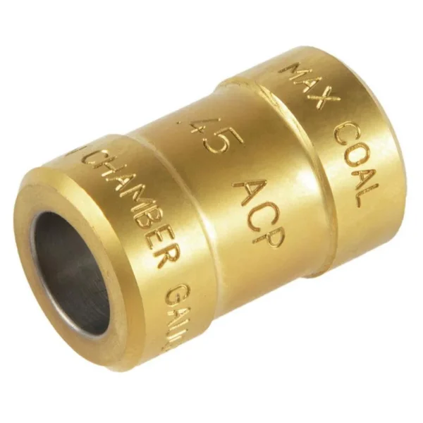 RCBS Chamber/Case Length Gauge, brass angled view with cylindrical body and engraved markings