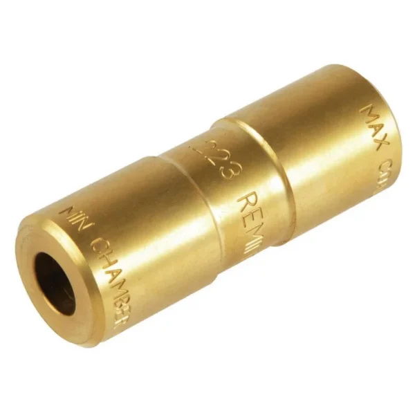 RCBS Chamber / Cartridge Length Gauge .223 REM/5.56X45, angled view of gold cylindrical gauge