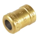 RCBS CHAMBER/CASE LENGTH GAUGE, brass cylindrical gauge shown from the front and side