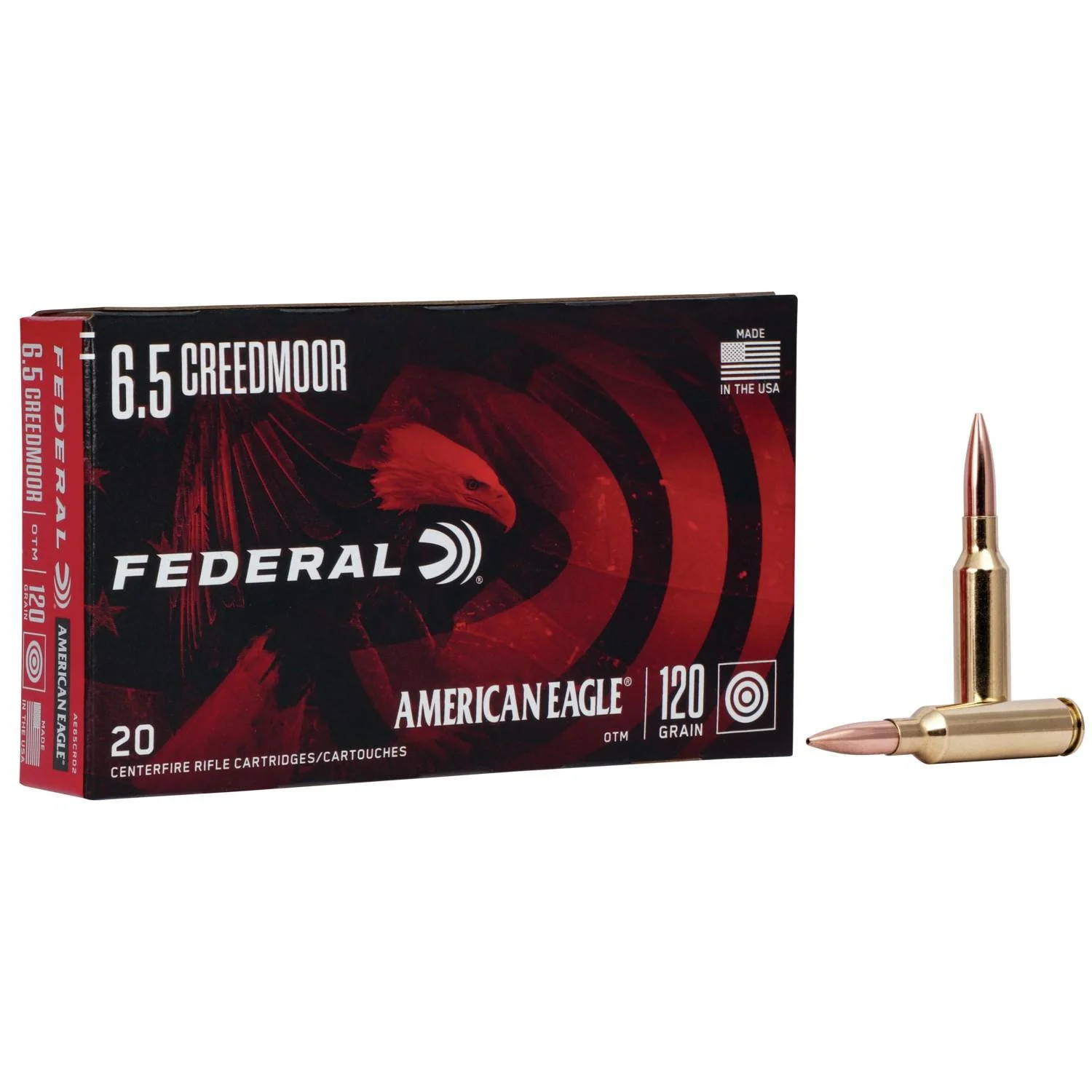 primary-32983 Federal American Eagle Rifle Ammunition, black and red box with two brass cartridges