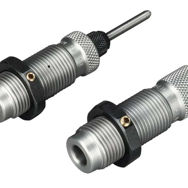 RCBS Small Base Taper Crimp Die Set, angled view of two silver metal dies