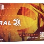 Federal Fusion Rifle Ammunition orange box with two brass cartridges