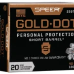 Speer Gold Dot Short Barrel Handgun Ammunition black and gold box, front view