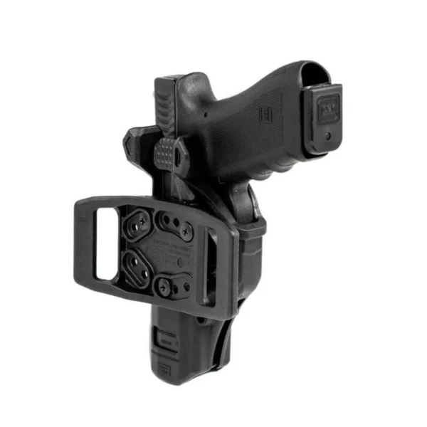Blackhawk T-Series Level 2 Compact black right-hand holster holding a pistol, rear view
