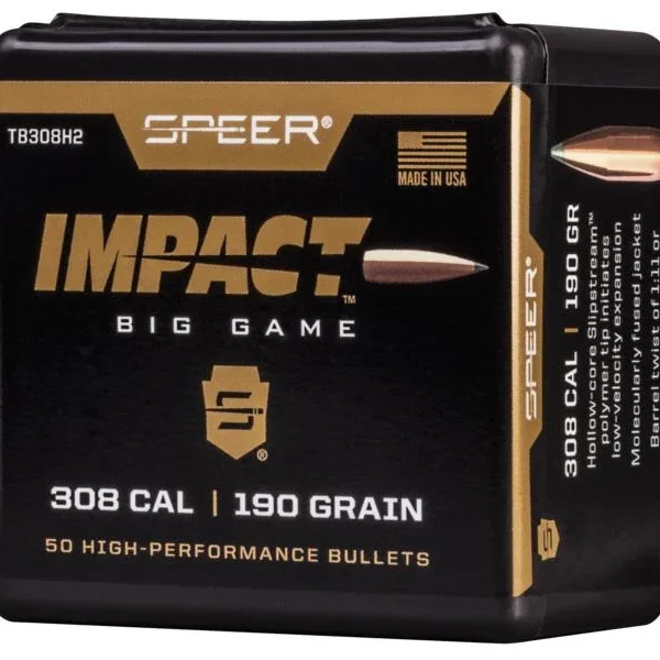 Speer Impact Big Game Bullets, black retail box shown from front and right side