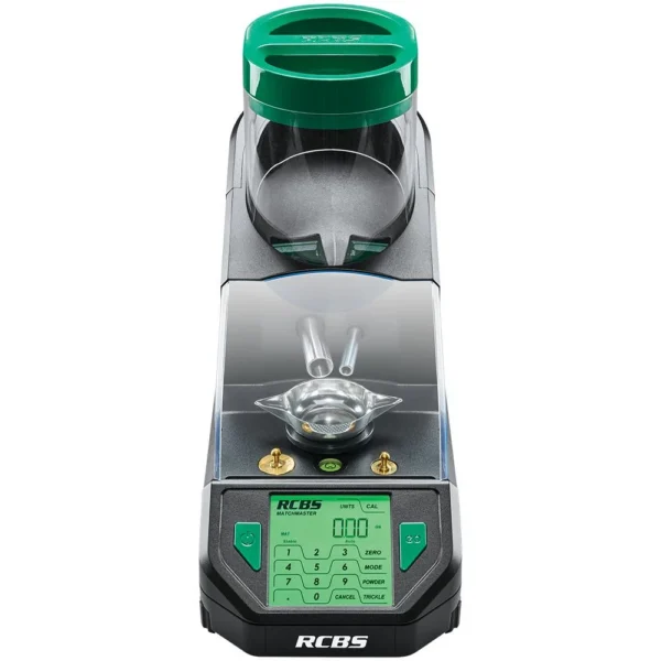 RCBS MatchMaster digital powder scale and dispenser, front view with green controls