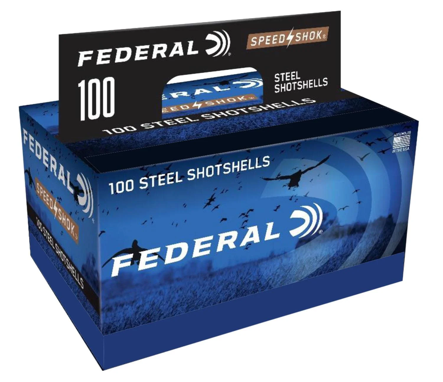primary-33087 Federal Speed-Shok Shotshells, blue and black open-top retail case in three-quarter view