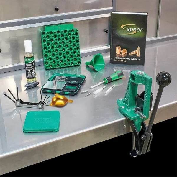 RCBS Partner Reloading Kit 2 with green press, loading blocks, scale and tools on a bench