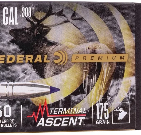 Federal Terminal Ascent .308 175GR bullet, cartridge standing beside black 50-count box