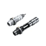 RCBS Matchmaster Neck Size Bushing Die Set, two silver and black threaded dies in angled view