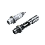 RCBS Matchmaster Neck Size Bushing Die Set, angled view of silver and black threaded dies