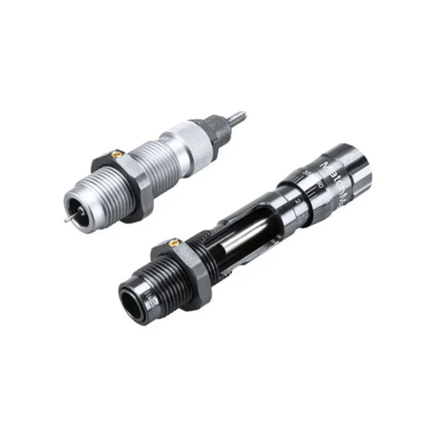 RCBS Matchmaster Neck Size Bushing Die Set, angled view of silver and black threaded dies