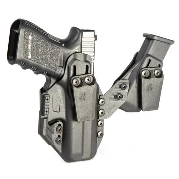 Blackhawk Stache IWB Colt Cmdr PREM Kit, black holster and magazine carrier with handgun inserted