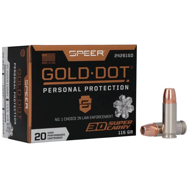 primary-33172 Speer Gold Dot Handgun Ammunition, black box with three cartridges displayed in front