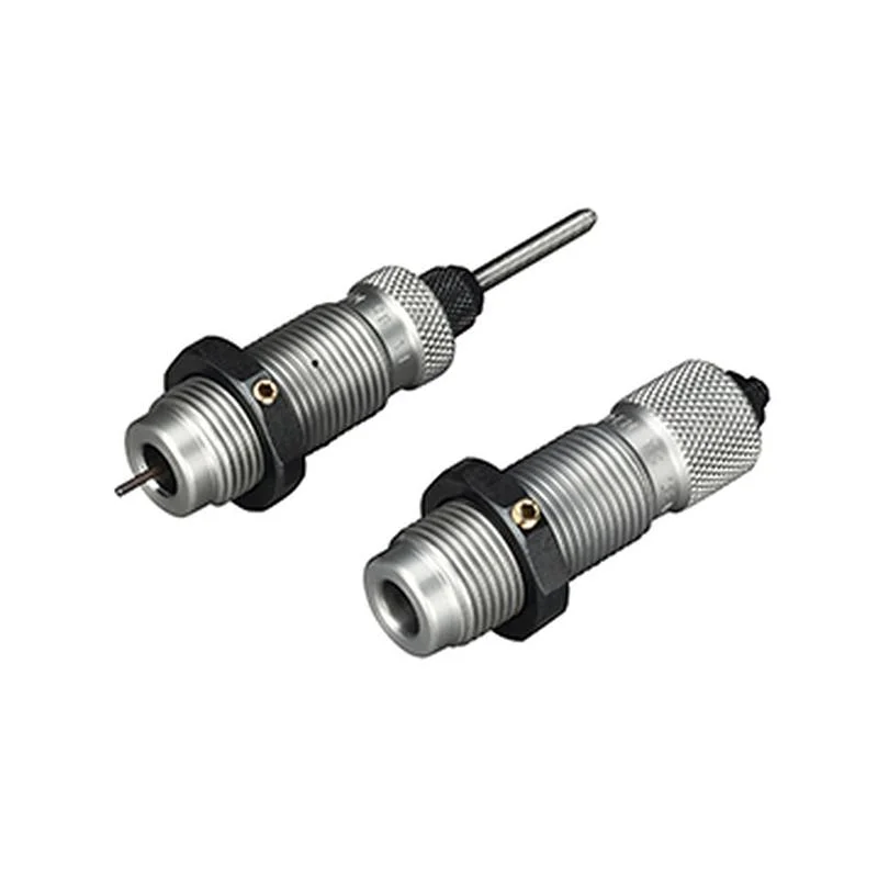 primary-33187 RCBS RC 6.5MM GRENDEL SB T/C DIE SET, two silver and black threaded dies in angled view