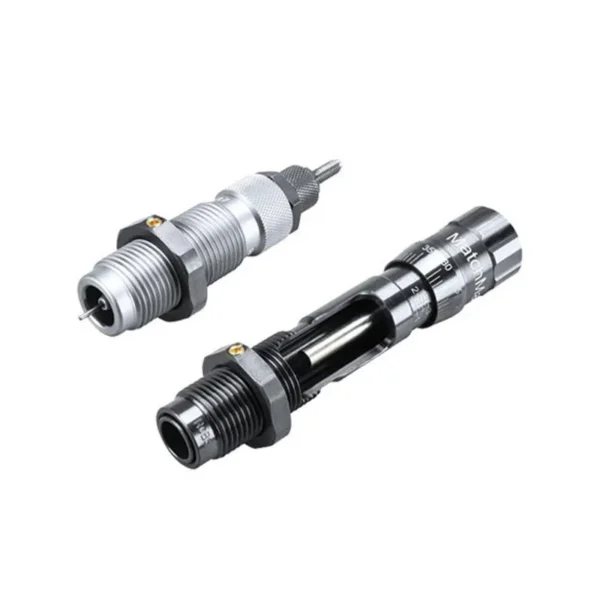 RCBS MatchMaster Neck Size Bushing Die Set, two silver and black dies in angled view